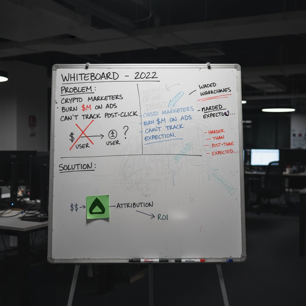 absinthenetwork's tweet photo. Looking at this whiteboard from 2022. The problem was simple: crypto marketers burn millions on ads but can't track what happens after the click. The solution was not. https://t.co/Lx0mTKmgFd
