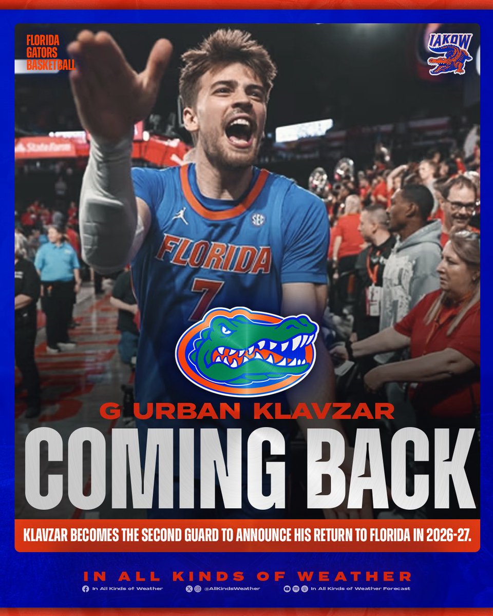 AllKindsWeather's tweet photo. 🚨BREAKING NEWS🚨

#Gators guard Urban Klavzar has announced he will RETURN to Florida in 2026-27! 😊

HUGE boost for Florida’s backcourt, as he and Boogie Fland both decided to come back 🐊 https://t.co/Tn0AW4UOtK