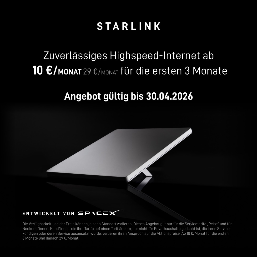 Starlink's tweet photo. Angebot gültig bis 30.04.2026: Internet für Privathaushalt ab 10 €/Monat für die ersten 3 Monate.
 
Genießen Sie schnelles, zuverlässige Internetverbindung für Streaming, Videoanrufe, Online-Gaming und vieles mehr.