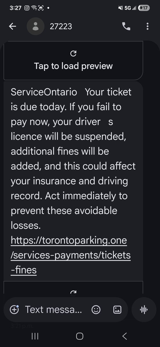 TurquoiseTanoo1's tweet photo. @ServiceOntario Service Ontario. I just got 4 of these messages and I don't own a car or have a license? It is from your system because the number it came from has a history of messages back from 2023 https://t.co/7j8uLro5k1