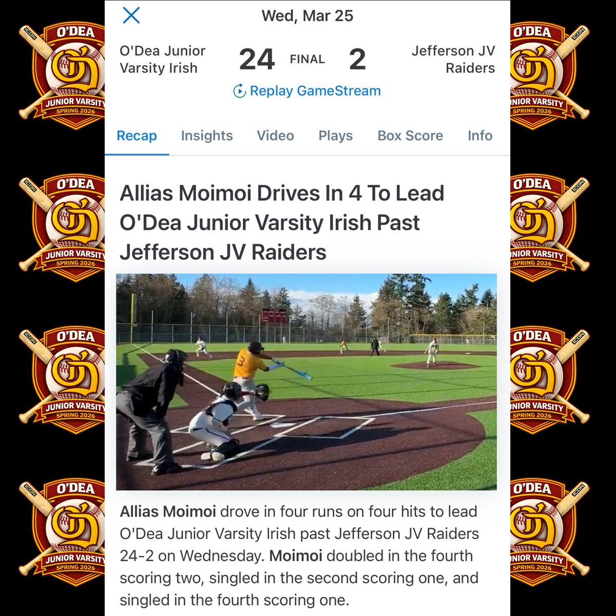 A_m0ney7's tweet photo. O’dea JV⚾️(3-1) ATM#3 Ab 7/10,  9 runs, 8 rbi, 6 sb, 1 bb, 0 so, 0 cs 🔥🔥🔥🔥 https://t.co/KxsgdCFvpE