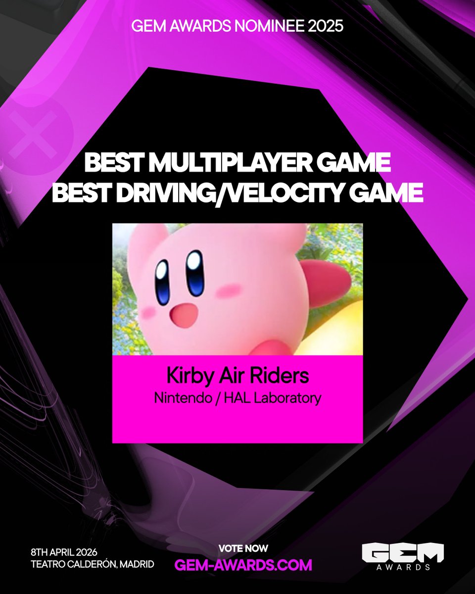 GemAwardsInfo's tweet photo. 🏆GEM AWARDS: NOMINEE / NOMINADO🏆
Massive congratulations to @Nintendo & @HALGames ! #KirbyAirRiders is officially nominated at the #GEMAwards
¡Muchísimas felicidades a @NintendoES , @NintendoLatam & #HALGames! Kirby Air Riders está oficialmente nominado en GEM Awards
🗳️ Vote for your favorites now / ¡Vota ya a tus favoritos!: https://t.co/CffRNJtKnk
