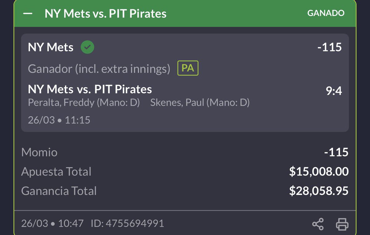 hugowx_'s tweet photo. GANAMOS. Increíble el apoyo, mi jugada de Mets tuvo 1.300 interacciones, muchísima gente me sigue y gana conmigo 🚀

Soy el mejor y lo sigo demostrando 🙈

Otro Pago Anticipado, así la calidad de mis jugadas 😮‍💨 https://t.co/QDbEaC5QkD