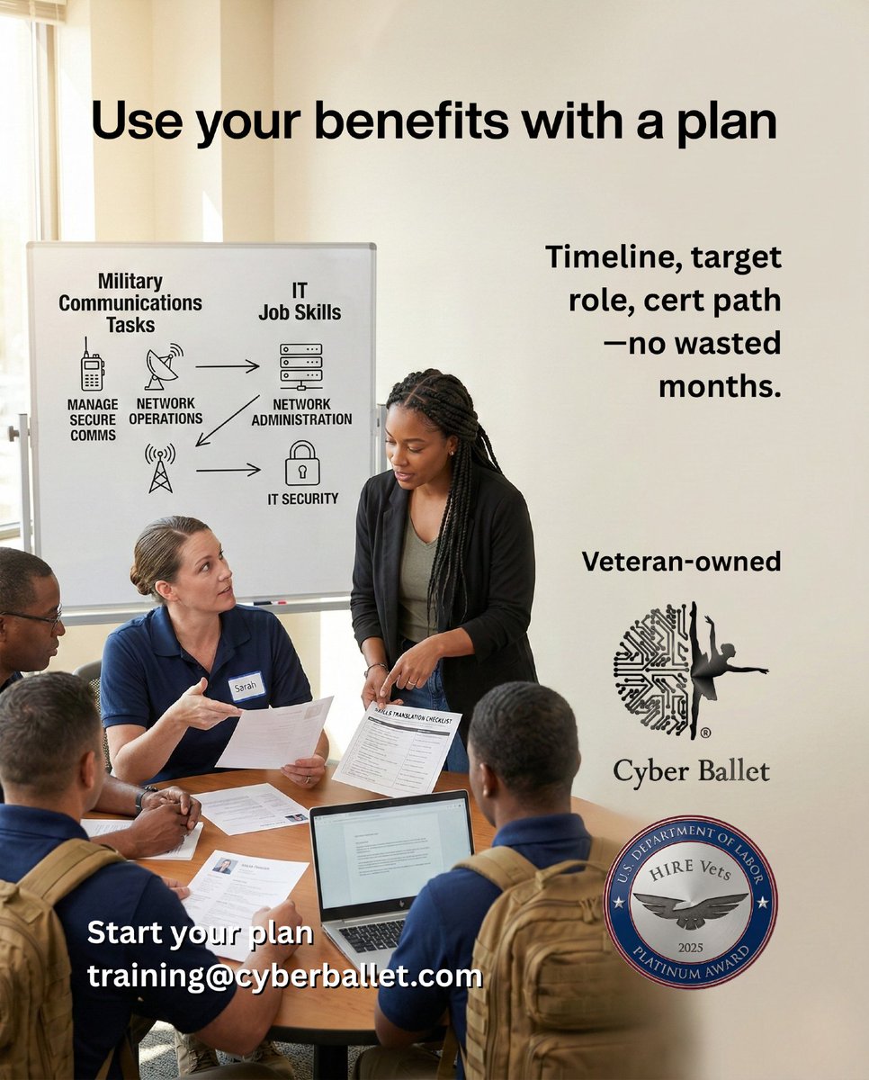 CyberBallet's tweet photo. Comment your goal (Security / Cloud / Networking) and visit the link https://t.co/fxabI9Yljd
#TransitioningServiceMember
#Veterans
#CareerChange https://t.co/esDpNo9kQr