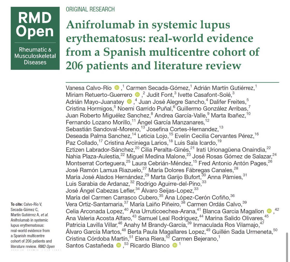 ‼️Estudio nacional multicéntrico, una de las mayores series mundiales en vida real sobre #Anifrolumab en #Lupus 🦋

👥206 pacientes
✅ Mejoría rápida y sostenida
✅ Daño orgánico estable
✅ Reducción de corticoides
🔬 Refuerza evidencia de ensayos clínicos