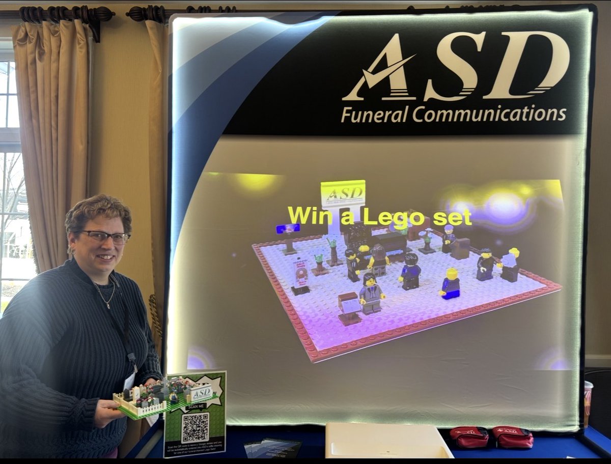 myASDcalls's tweet photo. Congratulations to Jody Cooley with MacPherson Funeral Home, Inc. in Newark Valley, NY on winning our Lego Cemetery set at the Fingerlakes Funeral Directors Association Convention in Watkins Glen. A big thank you to all of the directors who took time to visit #TeamASD. We had a great time catching up with all our clients and friends.