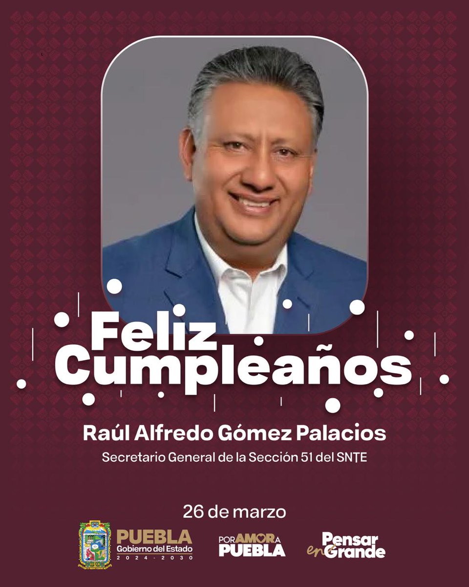 armentapuebla_'s tweet photo. Enviamos una cordial felicitación al secretario general de la @ComSnte51, @R_AlfredoGP, con motivo de su cumpleaños. 🎂🫂 ¡Qué este día esté lleno de alegrías y bendiciones!🎈 https://t.co/t6dTNaoCJT