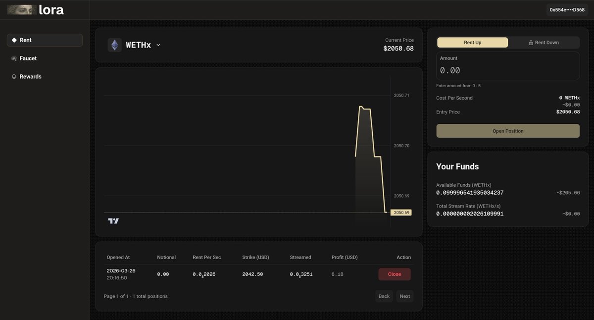 Lora Finance Testnet 

<a href="/LoraFinance/">Lora Finance</a> is a defi protocol building on <a href="/megaeth/">MegaETH</a>  that provides options like upside product via streaming payments. 

In other words, It’s a way to bet on crypto prices going up by paying a steady stream of small change, without the fear of getting