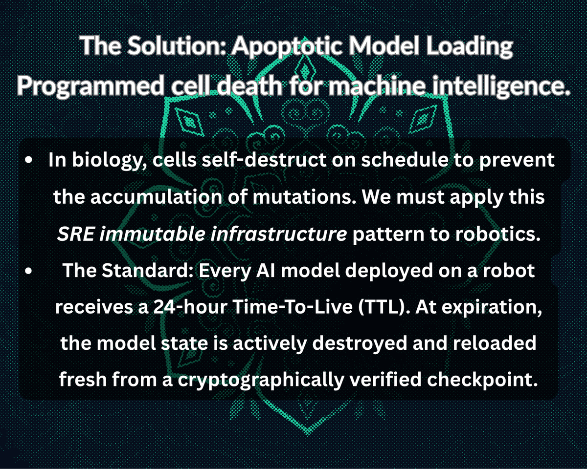 MackBronson's tweet photo. $100M robot fleet a liability. 🚨
The solution? Programmed Cell Death for AI. 🧬🤖
#Robotics #PhysicalAI #EmbodiedAI #SRE #ROS2 #OpenSource https://t.co/vzbNLxc6W1