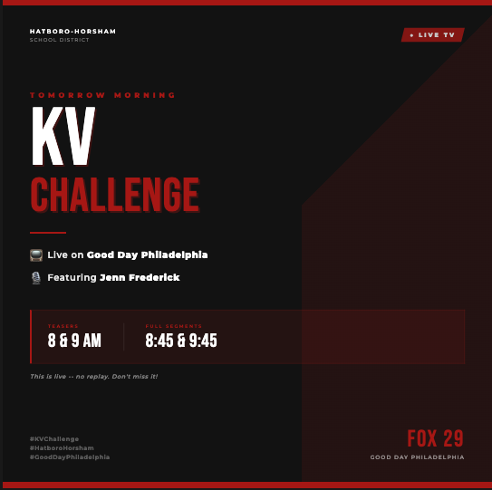 HH_Schools's tweet photo. Hatboro-Horsham families - set your TVs to Fox 29 tomorrow morning! Jenn Frederick from Good Day Philadelphia is coming to Keith Valley to cover the KV Challenge LIVE. Catch teasers during the 8 &amp; 9 a.m. hours and full segments at 8:45 and 9:45 a.m.  🖤❤️ https://t.co/fY2vDdDsxe