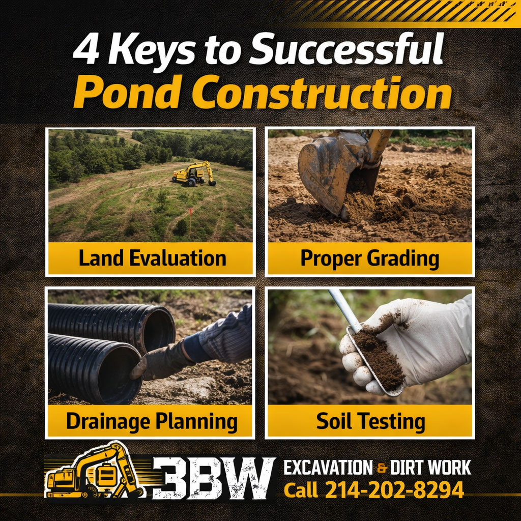 3bwdirtwork's tweet image. 4 keys to successful pond construction:

Land evaluation
Grading
Drainage
Soil testing
Get these right — your pond performs.
Details in comments.
Call 214-202-8294

#pondconstruction #northtexas #dirtwork #hicotx