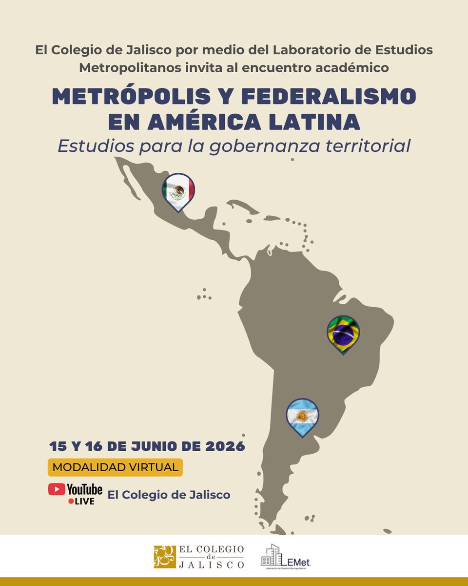 Coljalisco's tweet photo. ¿Qué tienen en común las metrópolis de Argentina, Brasil y México? 🏙️🌎

Te invitamos al encuentro académico: "Metrópolis y federalismo en América Latina". Una actividad necesaria sobre gobernanza y gestión urbana.

Consulta el programa en nuestra página web 💻 https://t.co/11DZ2oIODB