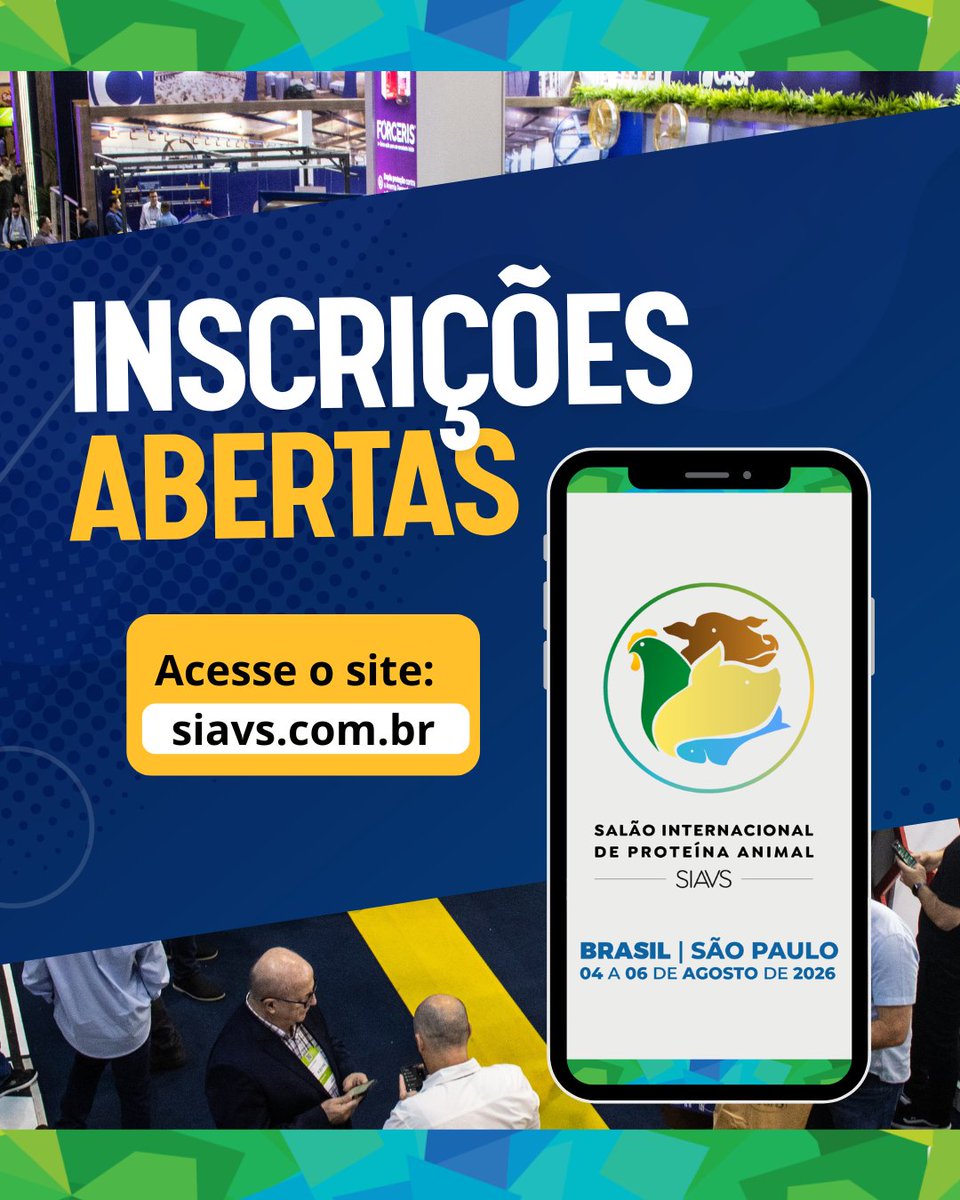 As inscrições para o SIAVS 2026 já estão abertas!

📅 04 a 06 de agosto
📍 Distrito Anhembi – São Paulo (SP)

Garanta sua participação e faça parte do principal ponto de encontro do setor multiproteínas!

Inscreva-se: siavs.com.br

#SIAVS2026 #ProteinaAnimal