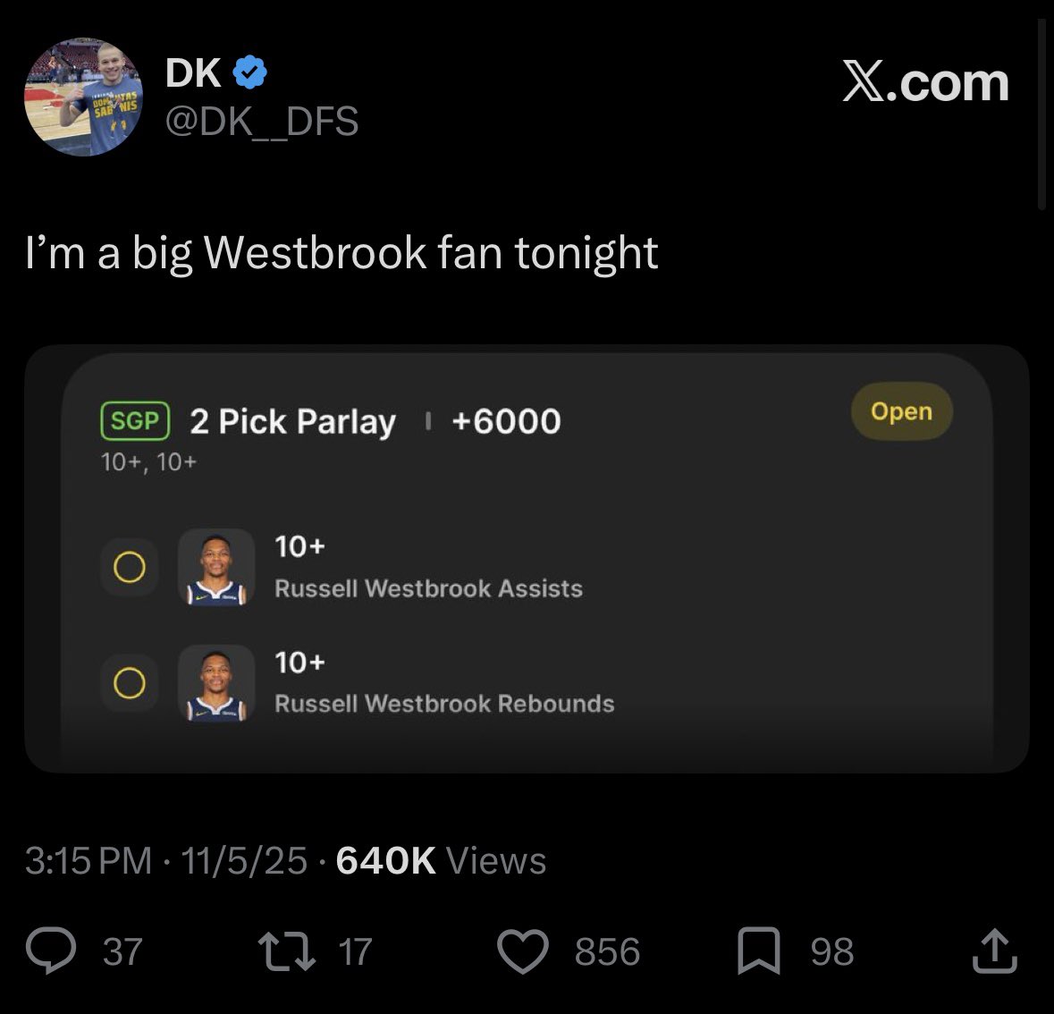 Here’s why I can’t post props on here: 

If I post a bet on Twitter, it will no longer be good after a few minutes. People will see the bet 30 minutes, an hour, 2 hours later and still tail it even though it’s no longer good.

Here’s an example. I didn’t think Sabonis was going