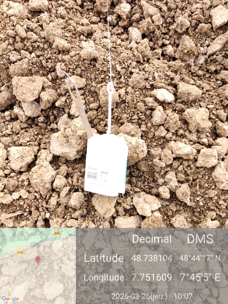 f1tke's tweet photo. Number: D23052923 ([CC]23052923)
Launch Site: Idar-Oberstein (DE)
Type: DFM09P
AUX: NO
Frequency: MHz
Max Speed: 102 km/h at 9498 m
Average Speed : 56.36 km/h
Max Altitude: 17872 m
Average Ascent Speed: 4.59 m/s
Average Descent Speed : 4.79 m/s https://t.co/XLTKdAoQM9