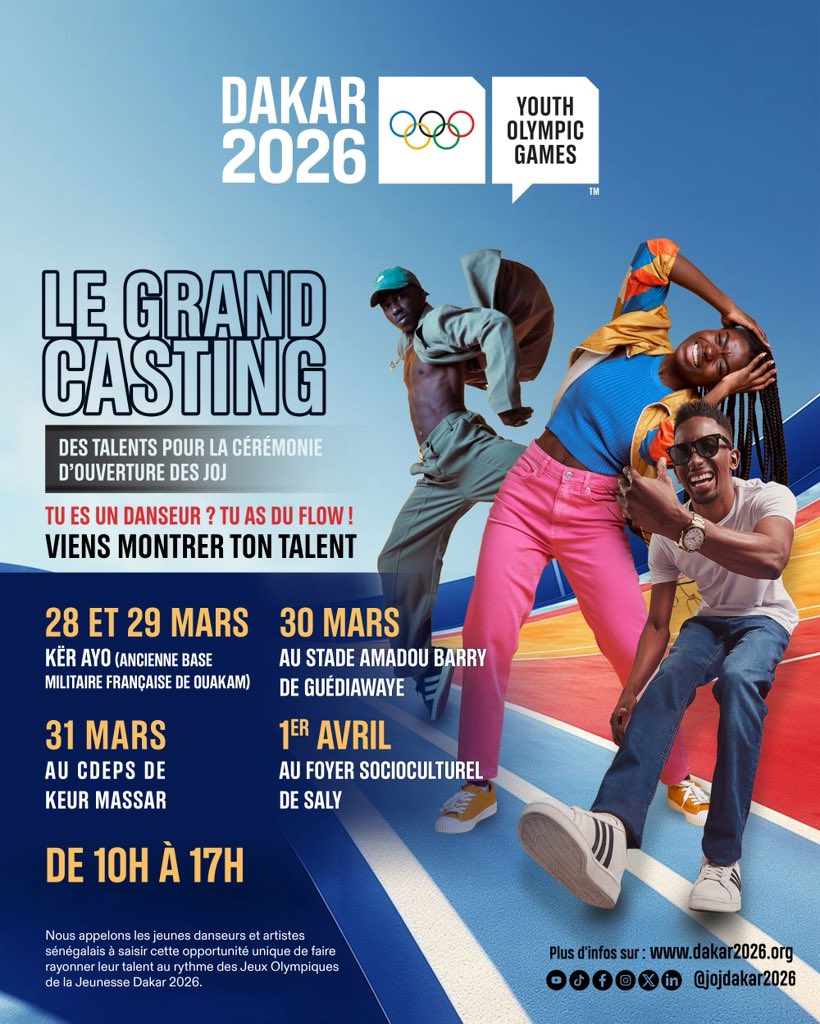jojdakar2026's tweet photo. 🎬 Les castings de la cérémonie d’ouverture des JOJ Dakar 2026 continue : tente ta chance !  Plus d’un millier de personnes sont recherchées pour participer aux cérémonies d’ouverture et de clôture de cet événement historique en Afrique 🌍  📍 Dakar – 28 & 29 mars Kër Ayo (Ouakam, ancienne base militaire française) 📍 Guédiawaye – 30 mars Stade Amadou Barry 📍 Keur Massar – 31 mars CDEPS de Keur Massar 📍 Saly – 01 avril Foyer socioculturel de Saly  ⏰ 10h – 17h  👉 Ouvert à toutes et à tous (danseurs/danseuses ou non) 👉 Pour participer, il suffit simplement de venir sur place le jour du casting  #Dakar2026