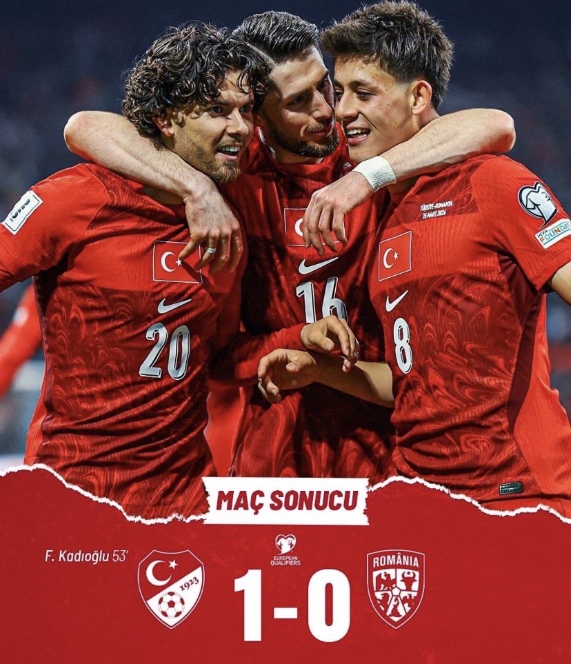 cipek_18's tweet photo. 2026 FIFA Dünya Kupası Avrupa Elemeleri play-off turu yarı final maçında Romanya'yı yenerek finale yükselen A Milli Futbol Takımımızı tebrik ediyorum.👏👏

#BizimÇocuklar 🇹🇷 https://t.co/doU9kPa5XX