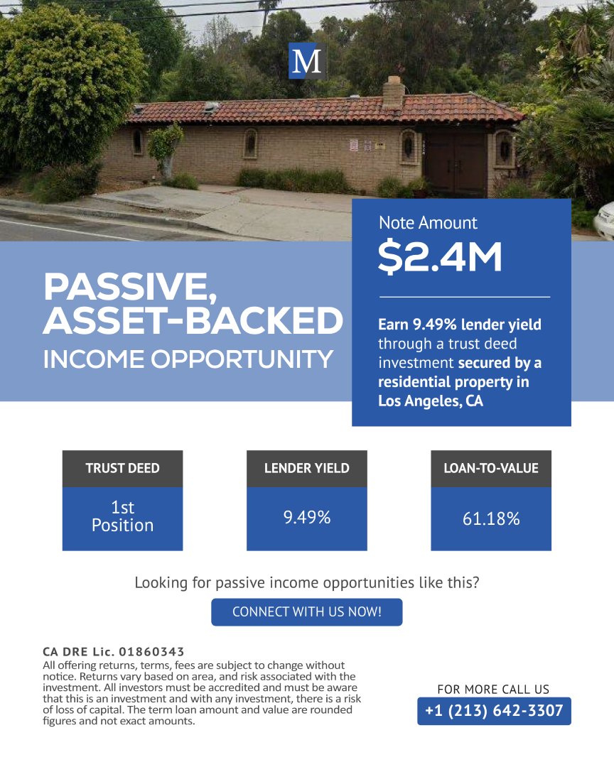 MOR_Financial's tweet photo. Passive income, backed by real assets.

$2.4M trust deed opportunity in LA.
Structured. Secured. Strategic.

Looking for deals like this? Let’s connect.

#PassiveInvesting #PrivateCapital #RealEstate #MORFinancial https://t.co/uMeoTwNOZS