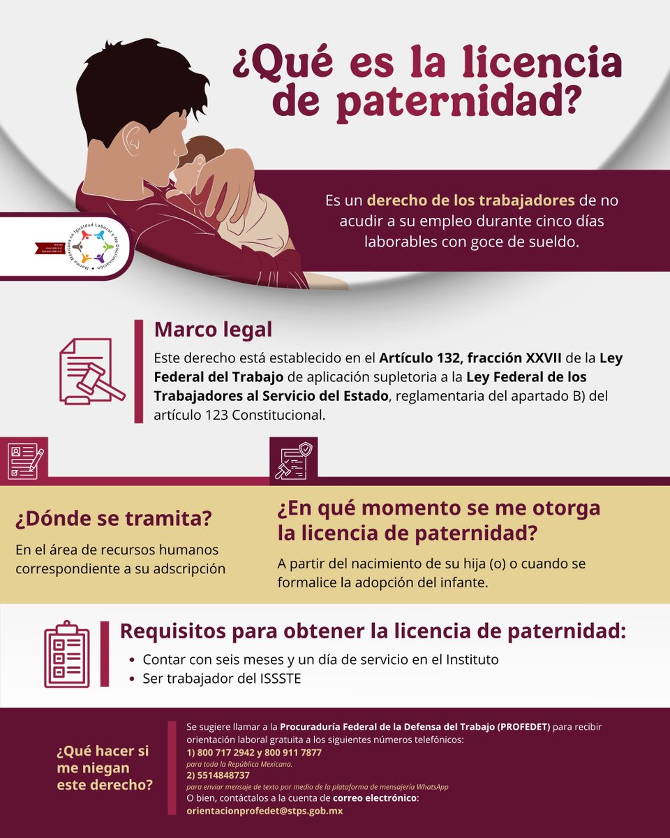 ISSSTE_mx's tweet photo. #ProgramasDeEquidad 👨‍👧‍👦✨ ¡Ser papá también es un acto de amor y corresponsabilidad! En el ISSSTE impulsamos una paternidad presente, participativa y con derechos garantizados.

📌 La Licencia de Paternidad es un derecho que permite a los trabajadores ausentarse durante cinco días laborales con goce de sueldo para acompañar el nacimiento de su hija o hijo, o la formalización de una adopción. 👨‍🍼  Porque estar en los primeros momentos de vida importa, y mucho. Aquí te contamos cómo tramitarla: 👇