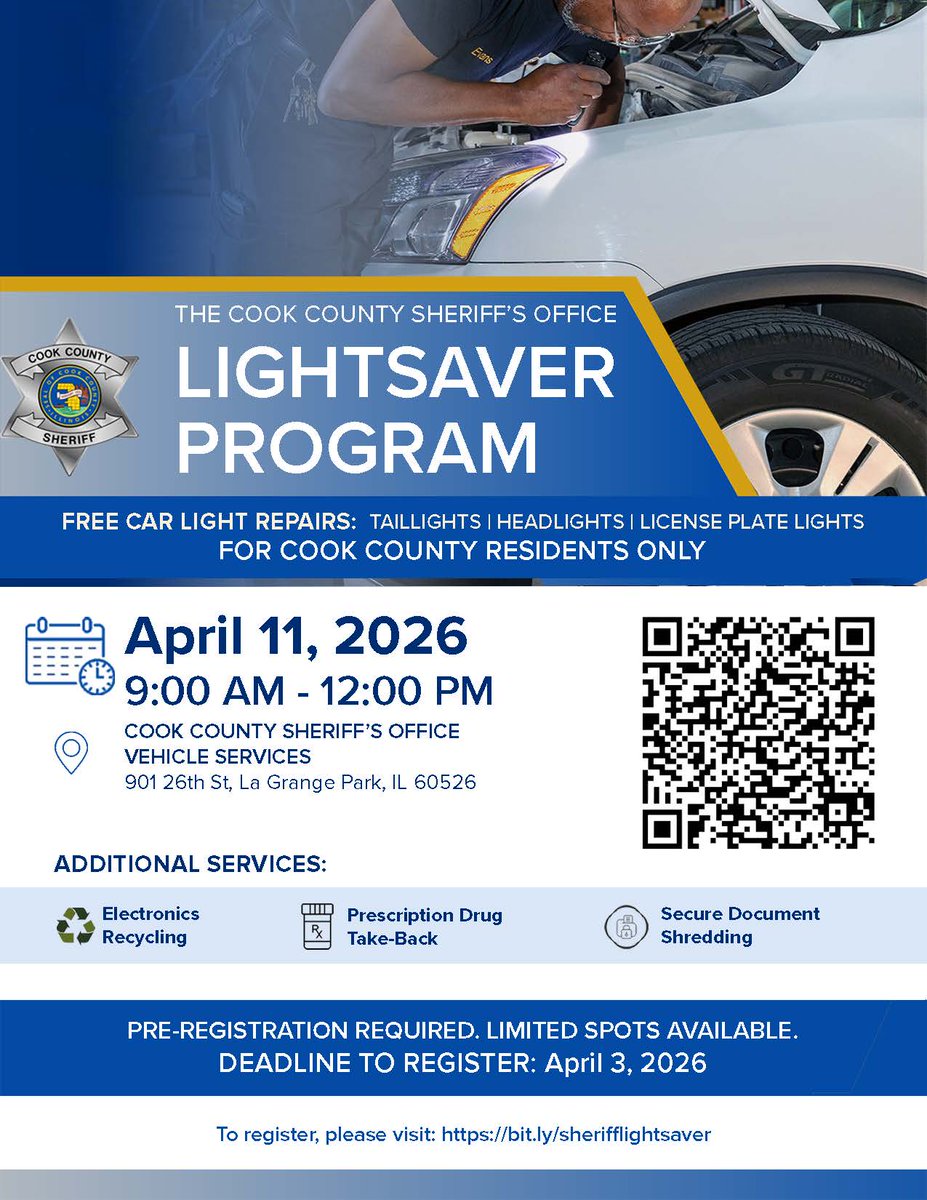 CookSheriffIL's tweet image. Burned-out light? We can help, Cook County! 🚗💡
Join our Lightsaver Program for FREE vehicle light repairs!
🗓 April 11 | Register by April 3
🔗 bit.ly/3GrGURR
#Lightsaver #CookCounty #VehicleSafety #CommunityOutreach