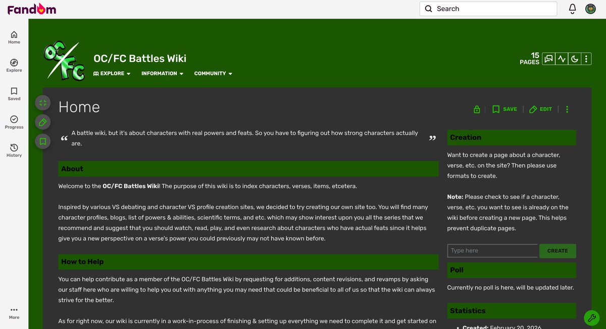 InteMonBoi's tweet photo. Well i haven't talking about OC/FC Battles. Okay i can tell you... I made another wiki in February 20, 2026. More pages will going to be created in OC/FCBW.

There are no lists in OC/FCBW, the Character Battlefield Wiki did have lists. They will going to be created in OC/FCBW. https://t.co/LoPGhNxaPh