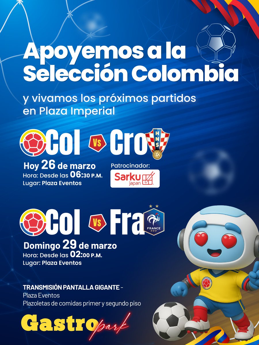 En #PlazaImperial vivimos el fútbol a lo GRANDE ⚽💛💙❤️
Prepárate para disfrutar los partidos amistosos de nuestra Selección Colombia en pantalla gigante 🥳🎉

¡Te esperamos para alentar juntos a nuestra Selección! 🇨🇴💪

#plazaimperial #seleccioncolombia #tricolor #imperialovers