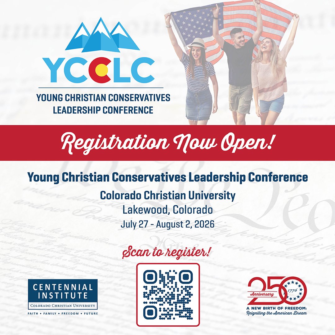 WesternCoSummit's tweet photo. Calling all high school and college students! You're invited to spend a week @my_ccu for the Young Christian Conservatives Leadership Conference!

This incredible week will consist of morning seminars on the American Founding, afternoon workshops, Colorado excursions, and building friendships that will last a lifetime. The week culminates in your attendance at the 2026 Western Conservative Summit. #WCS26

Early bird registration is available until May 15! Don't wait; register now: https://t.co/qTNQxwFoGv