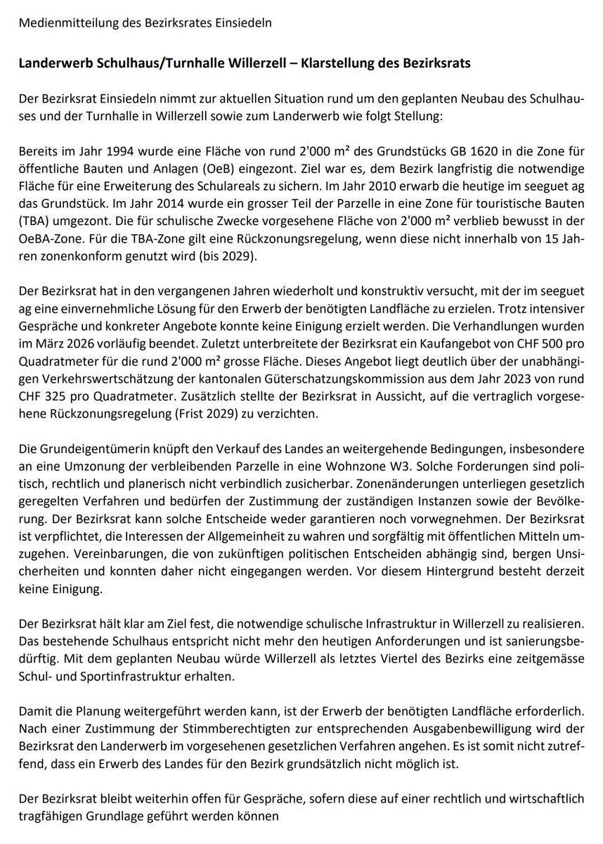 #Einsiedeln - Planungskredit und Landerwerb Schulanlage #Willerzell
Klarstellung des Bezirksrates auf aufgeworfene Fragen im Einsiedler Anzeiger.