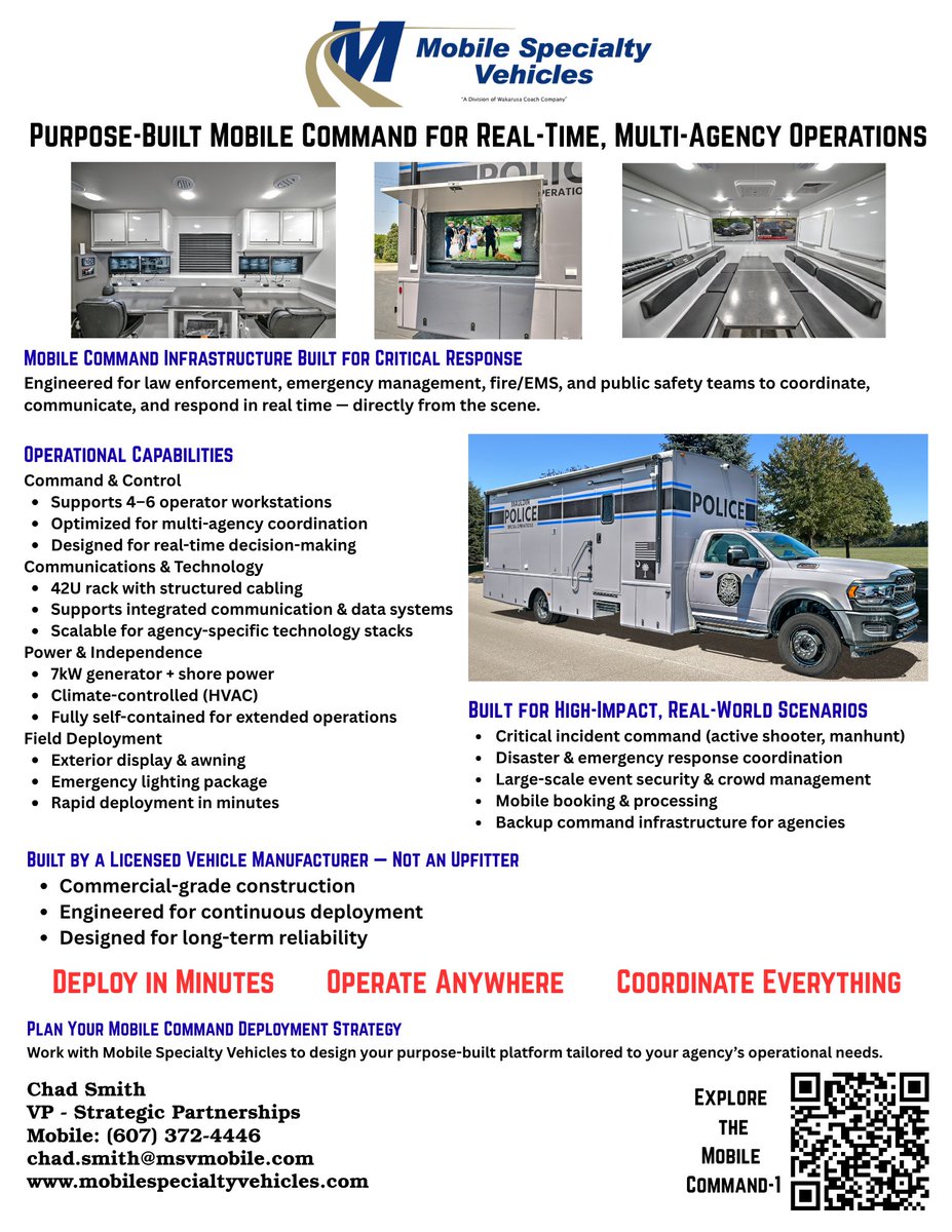 MSVmobileunits's tweet photo. When response matters, mobility matters.

Command-1 delivers a purpose-built mobile command environment ready for real-world operations.

#EmergencyManagement #MobileCommand #PublicSafety https://t.co/n3EaDXOvBZ