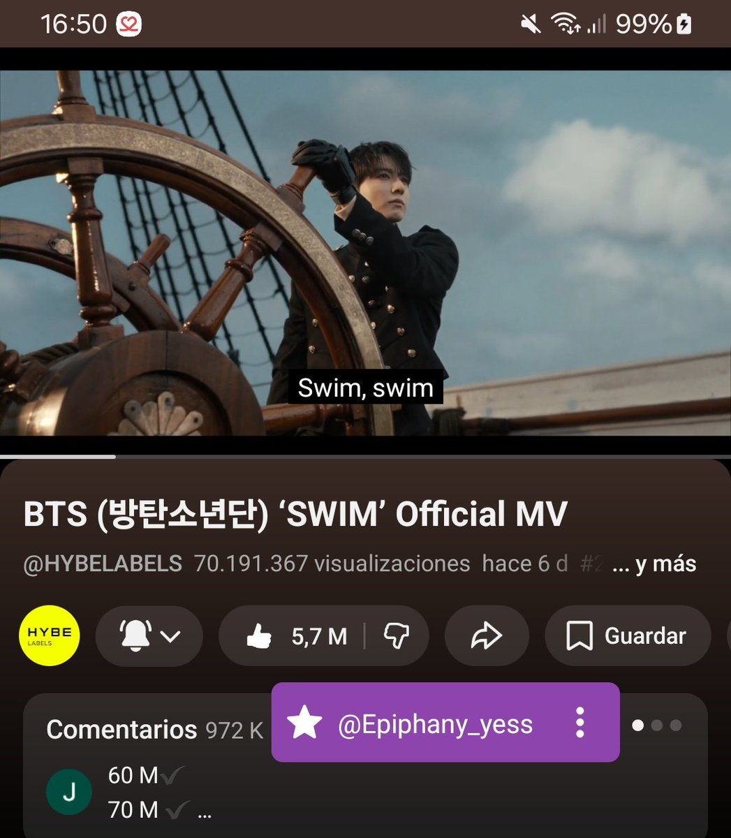 epiphany_yess's tweet image. "SWIM" MV ha superado 70,000,000M+ de vist@s en Y0utub£🔥

• Cuent@ con:
 5.7M+ de lik£s 🔥

SIGAMOS CON EL STREAM ARMY!!
(youtu.be/b4iVv91Z6lY?si…)

#BTS_ARIRANG #BTS_SWIM #Swim2ndWin