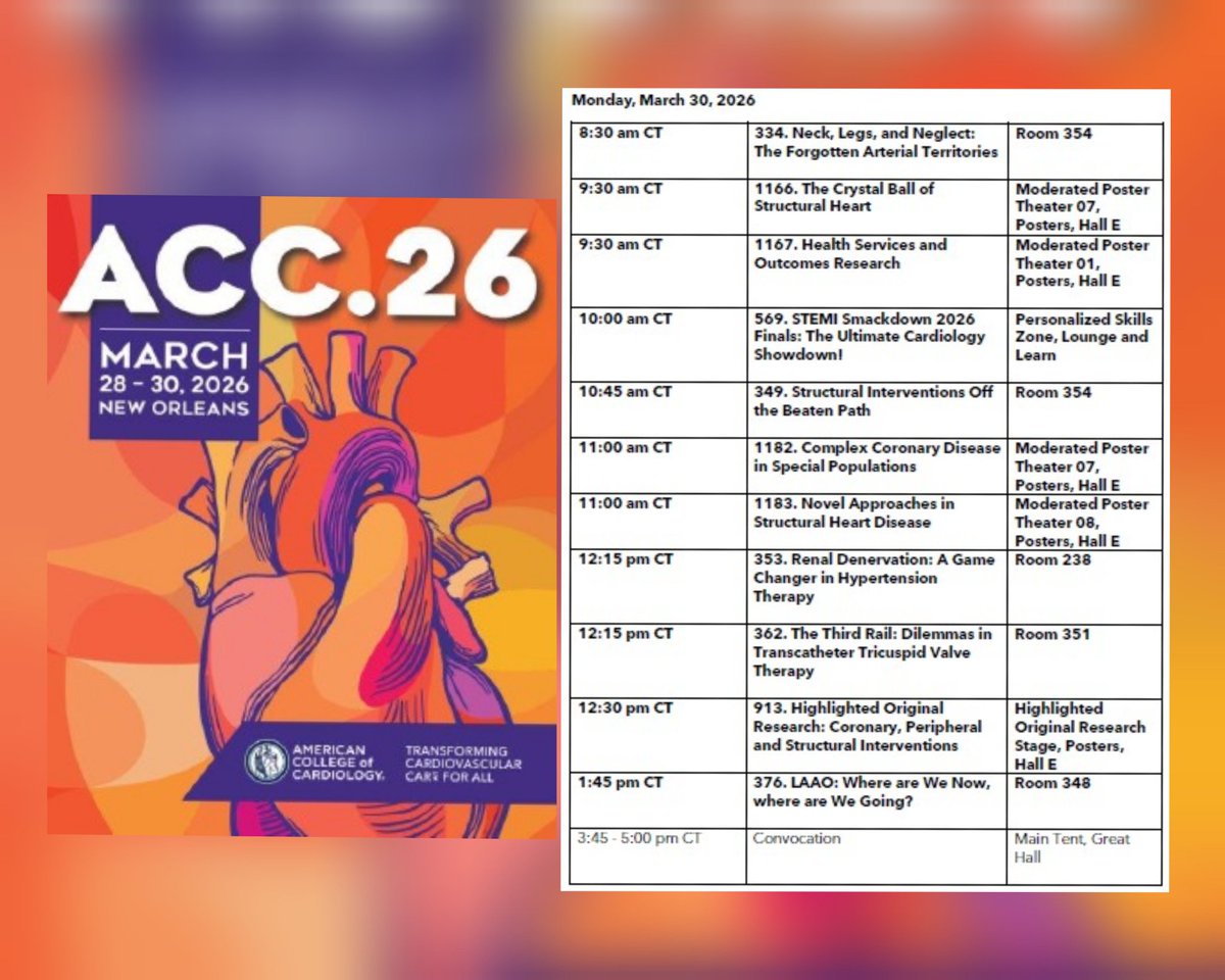 Zill_cardio's tweet photo. If you’re an interventional cardiologist gearing up for #ACC26 but haven’t had the chance to map out your schedule—don’t worry.

Here’s your all-in-one guide to the sessions covering the latest advances in IC 👇

Explore, prioritize, &amp; plan your schedule at your convenience.. https://t.co/hpFlNOZyKr