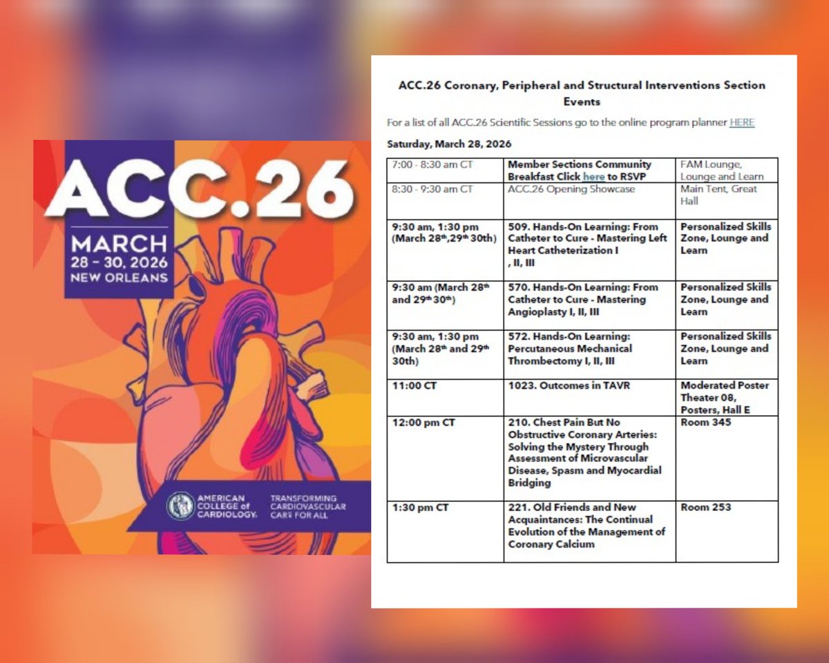 Zill_cardio's tweet photo. If you’re an interventional cardiologist gearing up for #ACC26 but haven’t had the chance to map out your schedule—don’t worry.

Here’s your all-in-one guide to the sessions covering the latest advances in IC 👇

Explore, prioritize, &amp; plan your schedule at your convenience.. https://t.co/hpFlNOZyKr