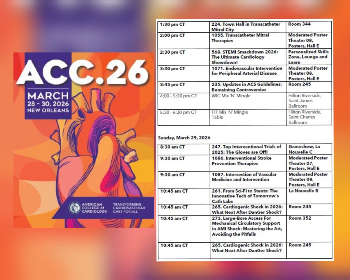 Zill_cardio's tweet photo. If you’re an interventional cardiologist gearing up for #ACC26 but haven’t had the chance to map out your schedule—don’t worry.

Here’s your all-in-one guide to the sessions covering the latest advances in IC 👇

Explore, prioritize, &amp; plan your schedule at your convenience.. https://t.co/hpFlNOZyKr
