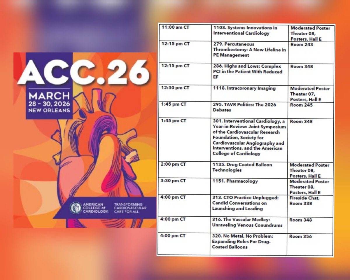 Zill_cardio's tweet photo. If you’re an interventional cardiologist gearing up for #ACC26 but haven’t had the chance to map out your schedule—don’t worry.

Here’s your all-in-one guide to the sessions covering the latest advances in IC 👇

Explore, prioritize, &amp; plan your schedule at your convenience.. https://t.co/hpFlNOZyKr