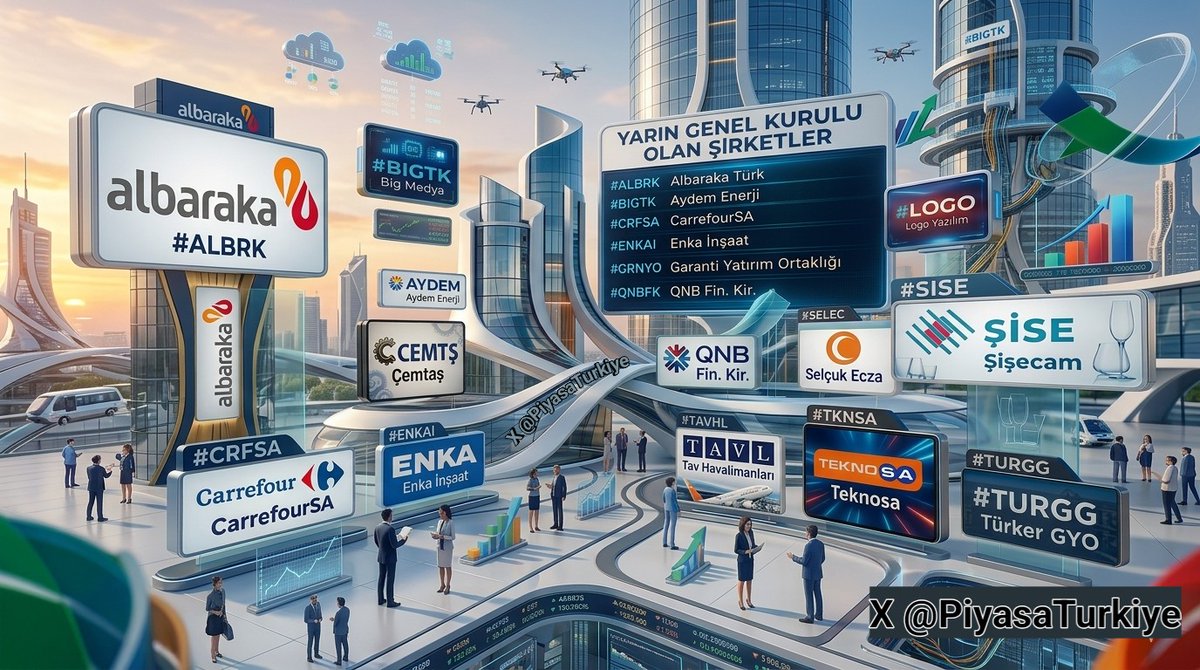 PiyasaTurkiye's tweet image. Yarın Genel Kurulu Olan Şirketler

▪️#Sise Şişecam
▪️#Tavhl TAV Hav.
▪️#Cemts Çemtaş
▪️#Tknsa Teknosa
▪️#Bigtk Big Medya
▪️#Albrk Albara Türk
▪️#Crfsa CarrefourSA
▪️#Enkai Enka İnşaat
▪️#Aydem Aydem Enerji
▪️#Logo Logo Yazılım
▪️#Qnbfk QNB Fin. Kir.
▪️#Selec Selçuk Ecza
▪️#Turgg