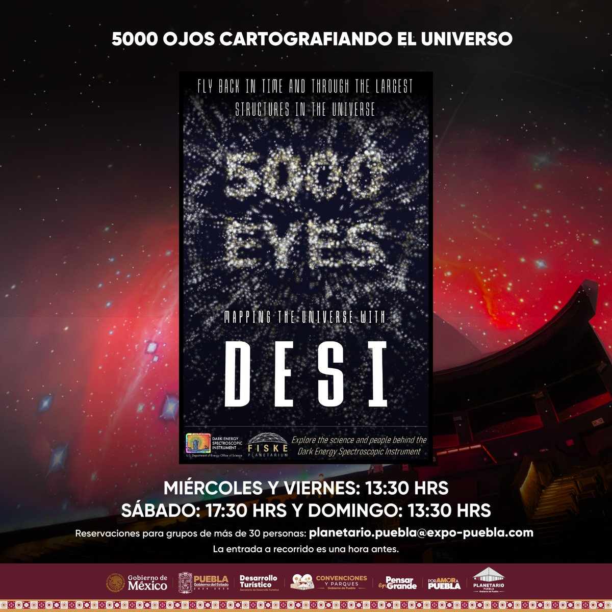 🔭 “5000 Ojos Cartografiando el Universo”

Descubre cómo la ciencia mapea galaxias y estrellas. 🌌✨

📆 Mié, vie y dom 13:30 h | Sáb 17:30 h
🎟️ $80 pesos

#PueblaElLatidoDeMéxico #PorAmorAPuebla #Espacio