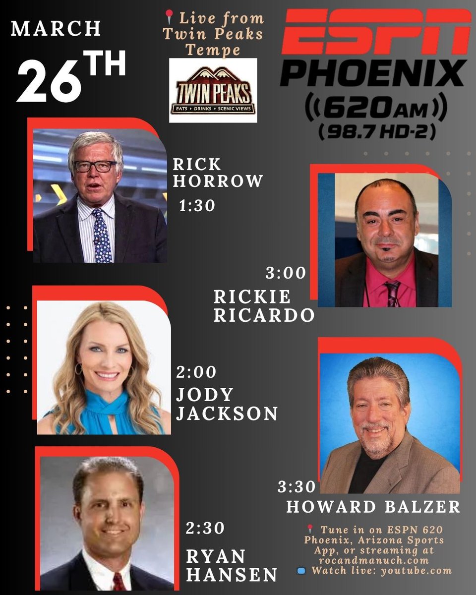 MattLazarus2's tweet photo. 📍 LIVE from Twin Peaks Tempe!

Here’s who’s joining Roc & Manuch with Jimmy B today: ⬇️

📊 1:30 - “The Sports Professor,” Rick Horrow (@RickHorrow)

⚾️ 2:00 PM - D-Backs Pre and Post Game Host, Jody Jackson (@Jody_Jackson)

🎙 2:30 PM - Arizona Wildcats Radio Color Analyst Ryan Hansen, (@uaryno)

🎙 3:00 PM - DraftKings Analyst and Spanish Announcer for Yankees and Eagles, Rickie Ricardo

🏈 3:30 PM – SiriusXM NFL Radio Host & USA Today CardsWire Contributor, Howard Balzer (@HBalzer721)

📺 Watch live: https://t.co/yUwAj8DLlk

#RocAndManuch #ESPN620 #ArizonaSports #Arizona #Wildcats #SportsProfessor #SportsAnalytics #Cardinals #Cards #Phoenix #SportsRadio #ASU #BearDown #NAU #SportsTalk