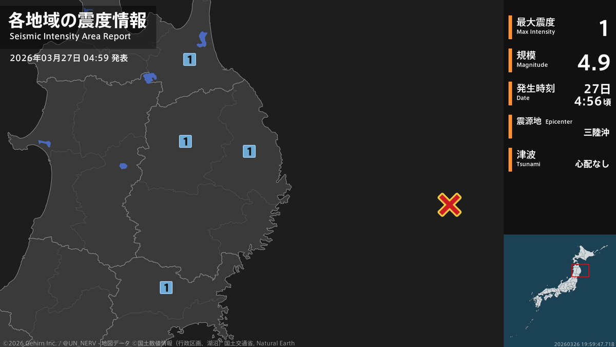 UN_NERV's tweet photo. 【地震情報 2026年3月27日】
4時56分頃、三陸沖を震源とする地震がありました。震源の深さは約10km、地震の規模はM4.9、最大震度1を青森県、岩手県、宮城県で観測しています。この地震による津波の心配はありません。 https://t.co/mjF7sJVon3