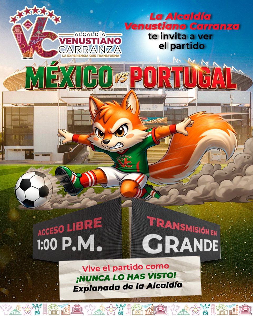 evelyn_parraA's tweet photo. En Venustiano Carranza no solo vemos el partido… lo vivimos juntos.
Te esperamos para disfrutar México vs Portugal en pantalla grande, con ambiente familiar, energía al máximo y toda la pasión que nos une.
📍 Explanada de la Alcaldía
🕐 Desde la 1:00 p.m.
🎟️ Acceso libre https://t.co/4wgcaOX4Rp