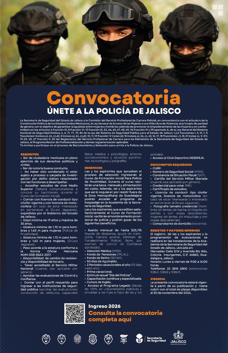 SSeguridadJal's tweet photo. ¿Te gustaría sumarte a la mejor policía de Jalisco, aprender inglés y acceder al #ProgramaLegado?
¡Te invitamos a unirte a #LaPolicíaDeJalisco!
¡Chécate la siguiente información!
#Convocatoria2026
👮🏽🚓👮🏽♂️ https://t.co/N1jVw3KUhn