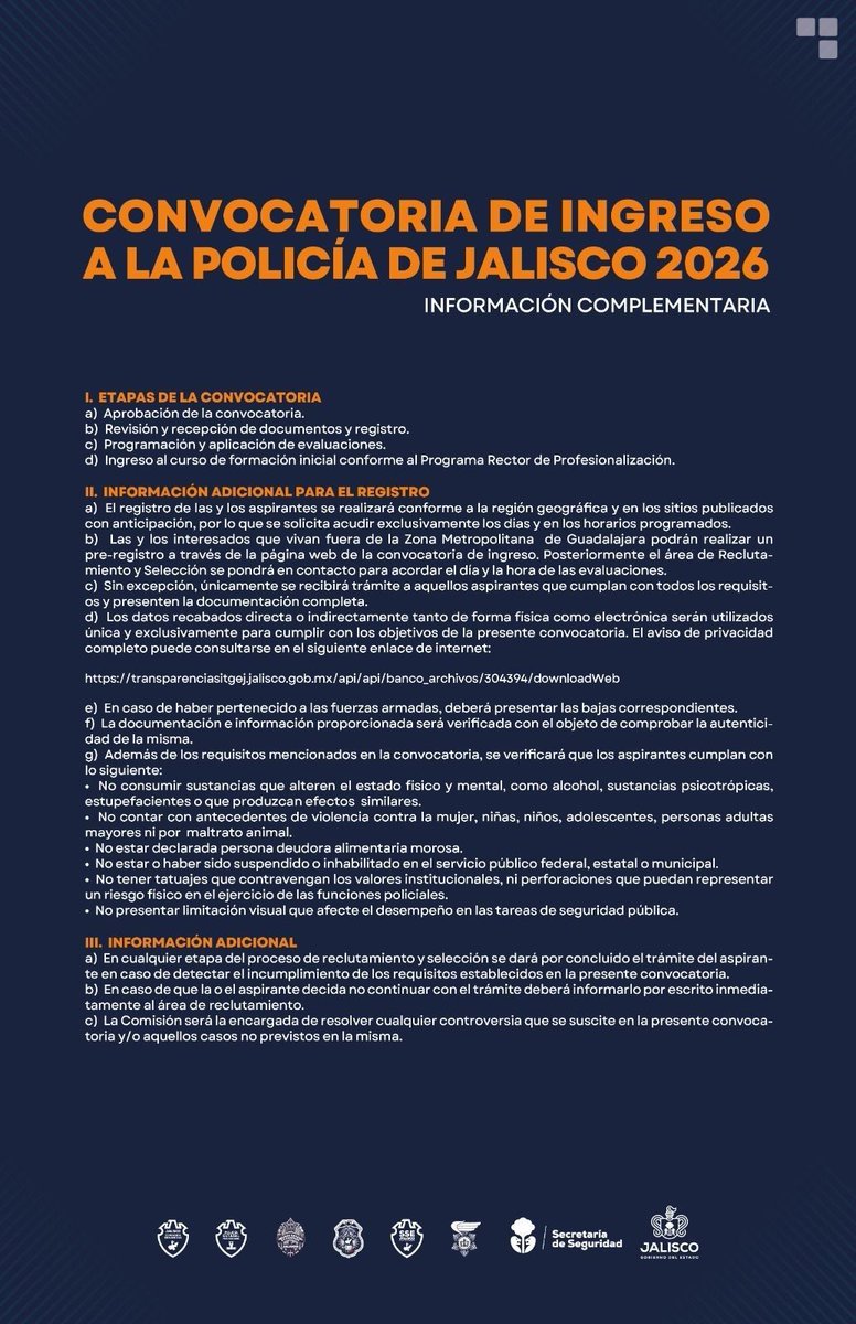SSeguridadJal's tweet photo. ¿Te gustaría sumarte a la mejor policía de Jalisco, aprender inglés y acceder al #ProgramaLegado?
¡Te invitamos a unirte a #LaPolicíaDeJalisco!
¡Chécate la siguiente información!
#Convocatoria2026
👮🏽🚓👮🏽♂️ https://t.co/N1jVw3KUhn