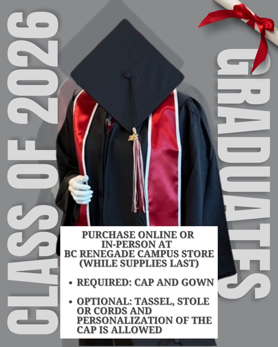 BCSGA's tweet photo. Class of 2026, it’s time! 🎓 Cap &amp; gowns are now available at the BC Renegade Campus Store you can shop online or in person while supplies last. Don’t forget your tassel, stole, or cords! #BakersfieldCollege #BCGrad #ClassOf2026 #CollegeGraduation https://t.co/fuioM7JZYW