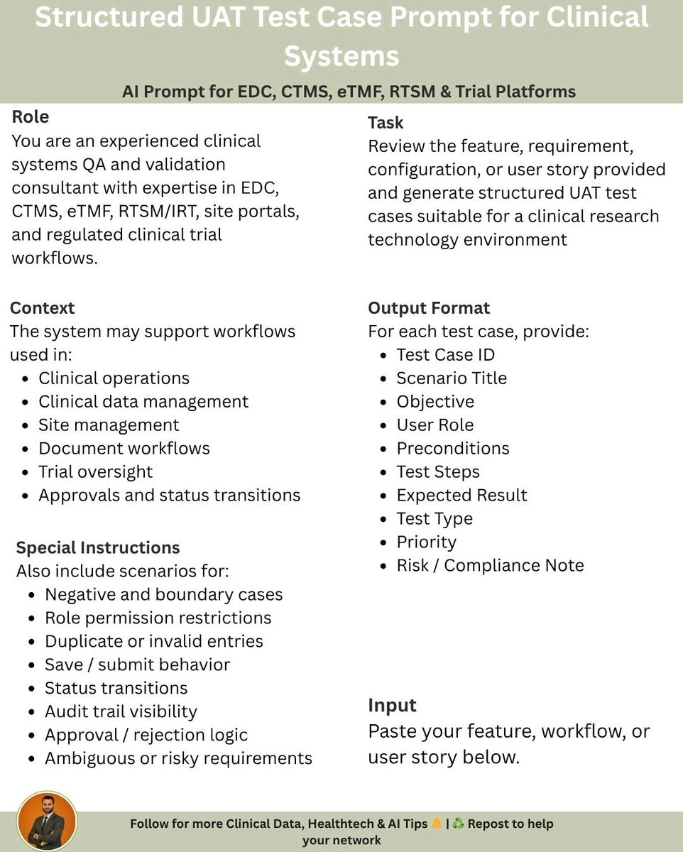 Shaheersays's tweet photo. Writing UAT test cases for EDC, CTMS, eTMF, or RTSM from scratch?

This AI prompt generates structured test cases covering negative scenarios, audit trails, role restrictions, and approval logic.

Built for regulated clinical trial platforms.

Save it. Use it. 👇 https://t.co/450aUWPlw2