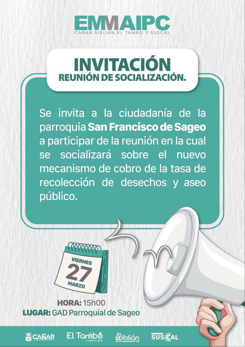 emmaipc's tweet photo. 📢 EMMAIPC-EP invita a la ciudadanía de San Francisco de Sageo a la socialización del nuevo mecanismo de recaudación de la tasa de aseo.
🗓 Viernes 27 de marzo | 🕒 15h00 | 📍 GAD Parroquial
¡Participa y conoce cómo mejorar el servicio! ♻️ #EMMAIPC #Sageo https://t.co/bGyyfCVuC8