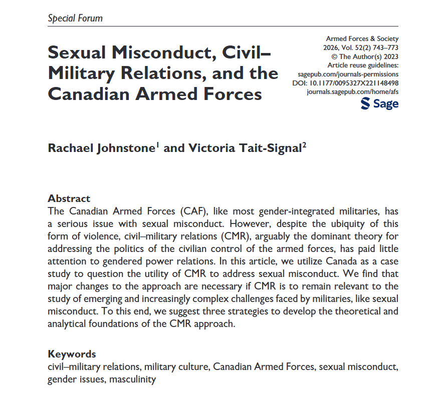 AFS_SAGE's tweet photo. From our #new #SpecialForum! Sexual Misconduct, Civil–Military Relations, and the Canadian Armed Forces - Rachael Johnstone, Victoria Tait-Signal https://t.co/Suux7BYWCs https://t.co/p7aWd1iMGs