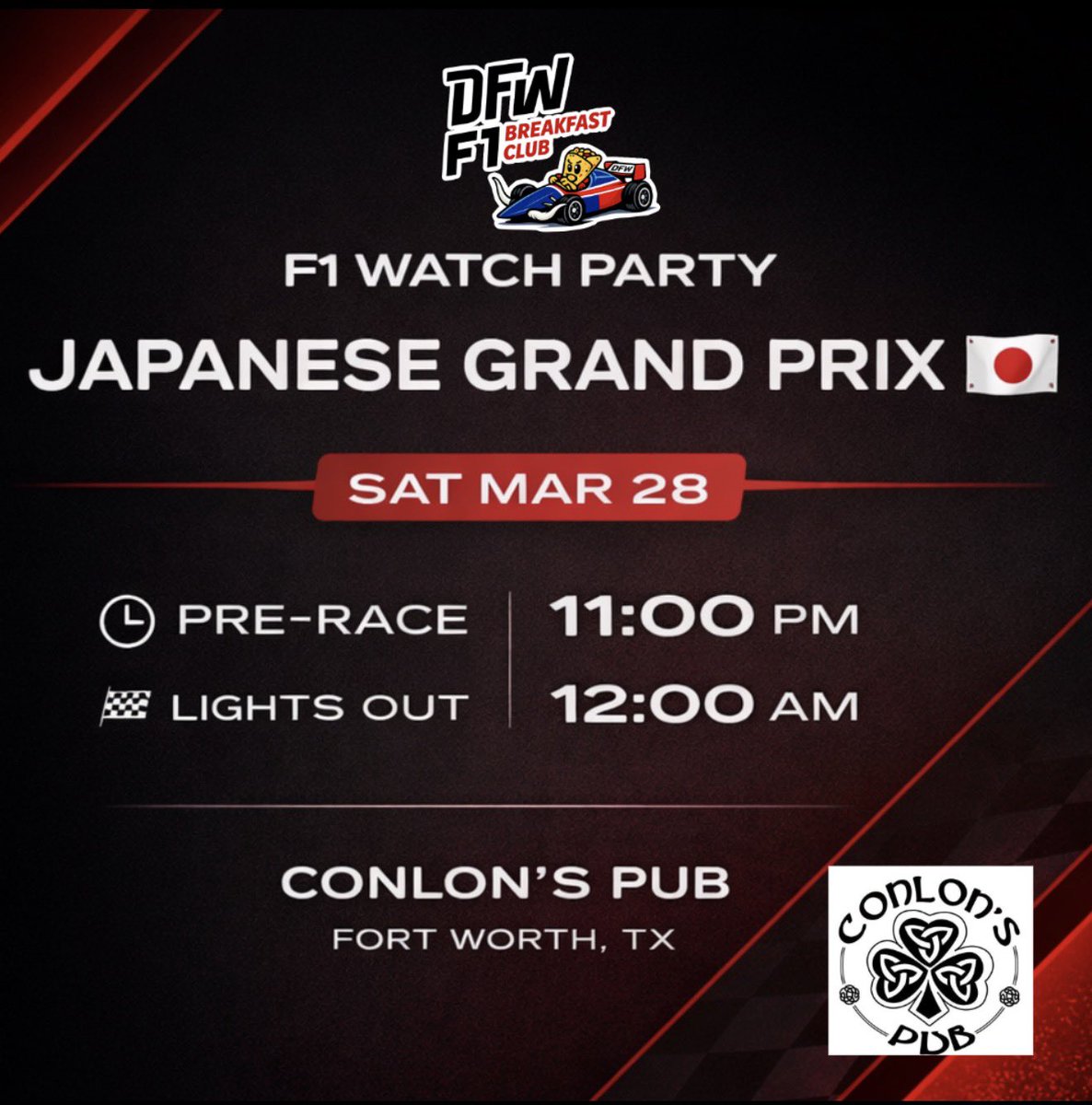 DFWF1Club's tweet photo. 🏁 Japanese GP Watch Party 🇯🇵

🕚 Pre-Race: 11 PM  
🏎 Lights Out: 12 AM  

📍 Conlon’s Pub – Fort Worth

#F1 #JapaneseGP #DF https://t.co/Nbin91qekK