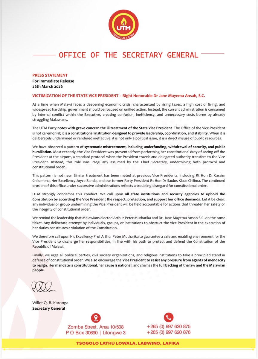 One of Malawi’s opposition parties, UTM, has accused the government of systematically undermining State Vice President Dr Jane Mayemu Ansah, warning that the alleged actions point to a growing breakdown of constitutional order.

In a statement issued on 26 March 2026, UTM said