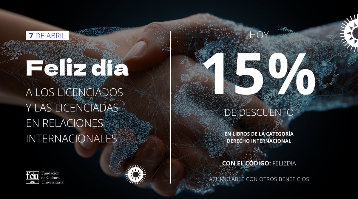 FCUniversitaria's tweet photo. ¡Feliz día a los licenciados y las licenciadas en Relaciones Internacionales! 👏

➡️Hoy con el código FELIZDIA, 15% de descuento en libros de la categoría Derecho Internacional.
➡️Acumula con otros beneficios. https://t.co/mVujZxZlv2