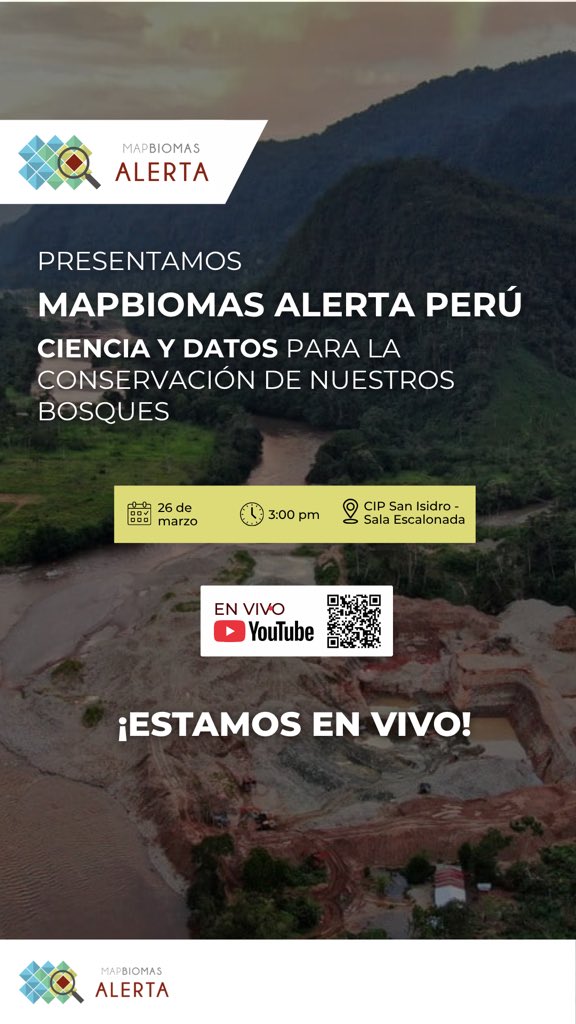 mapbiomasperu's tweet photo. Nos encontramos EN VIVO en el lanzamiento de #MapBiomasAlertaPerú.
🔴Únete a la conversación con MapBiomas Alerta: 
https://t.co/RdVLpkgLqO https://t.co/ObGT0NX4xX